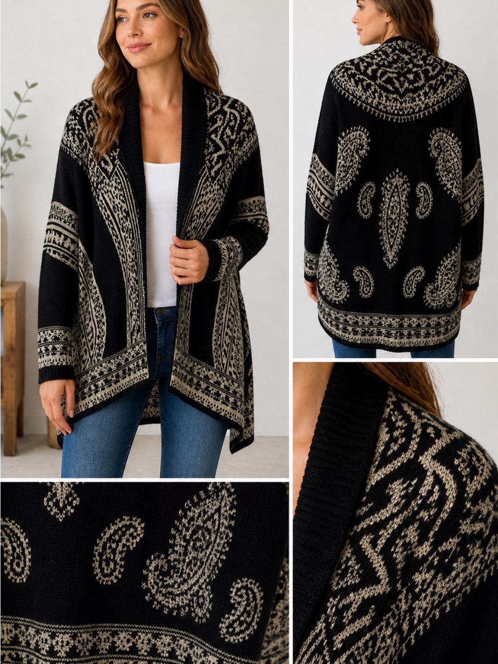 Max Studio Black Cream Open Front Cardigan Shawl Collar Boho Knit S